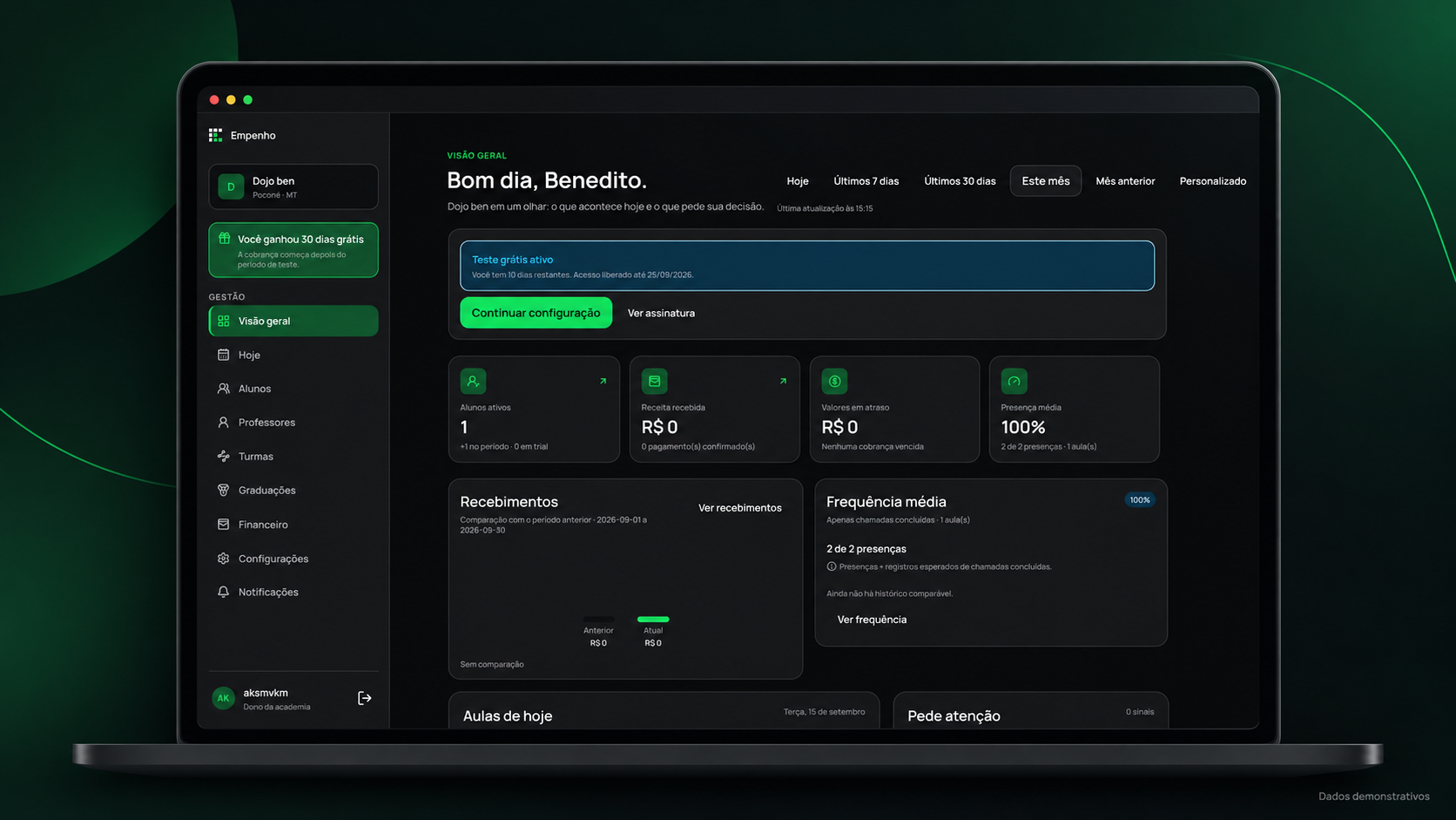 Tela real do Empenho com a rotina da academia organizada